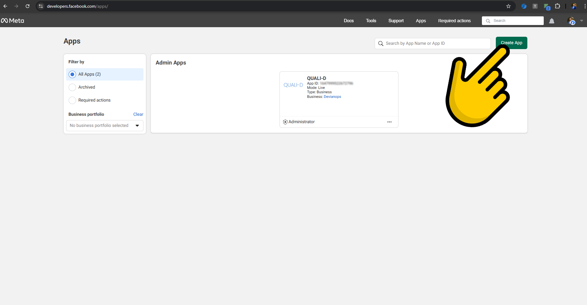 Create App page with Business type selected