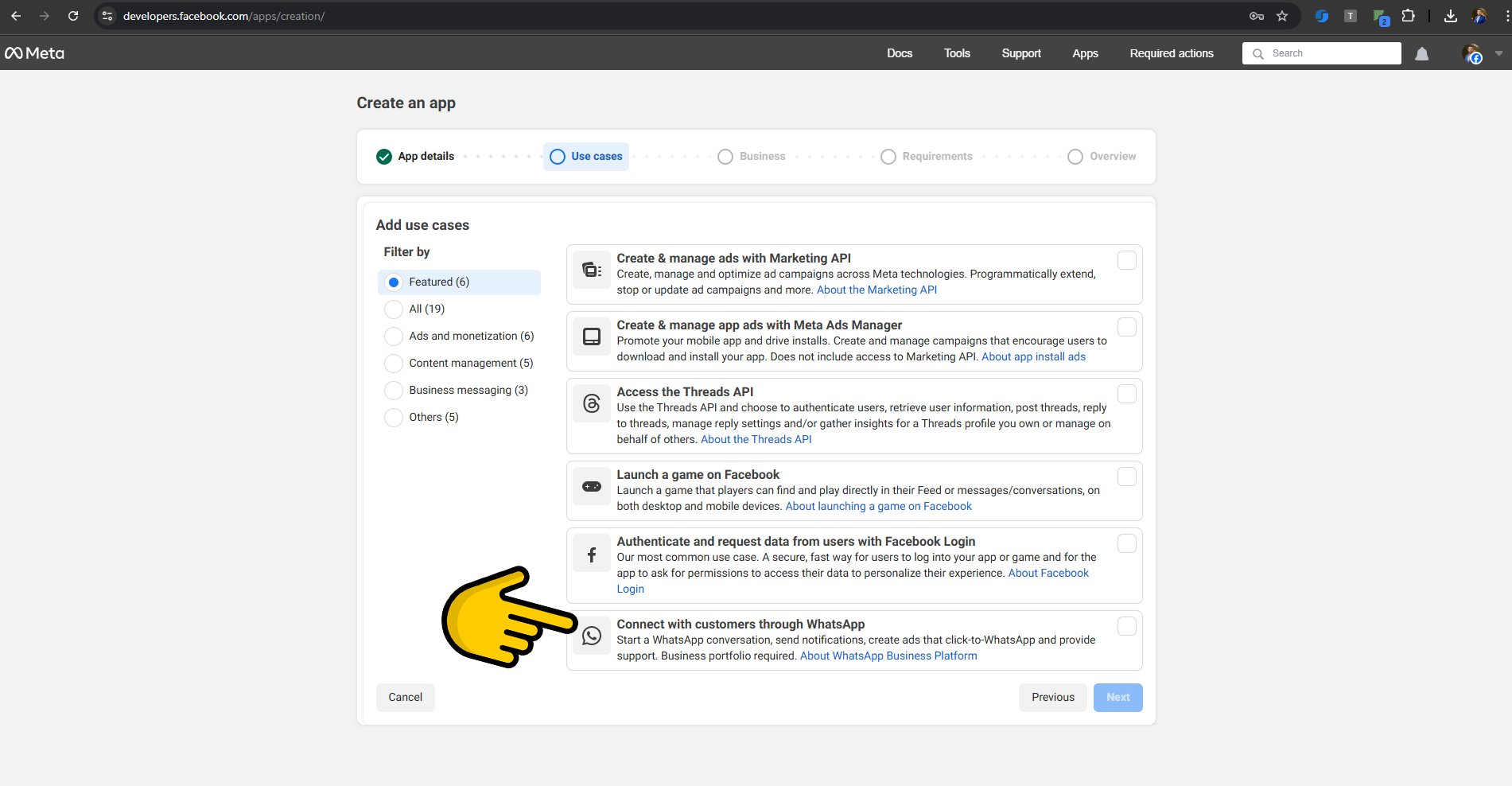 Use case selection with WhatsApp option